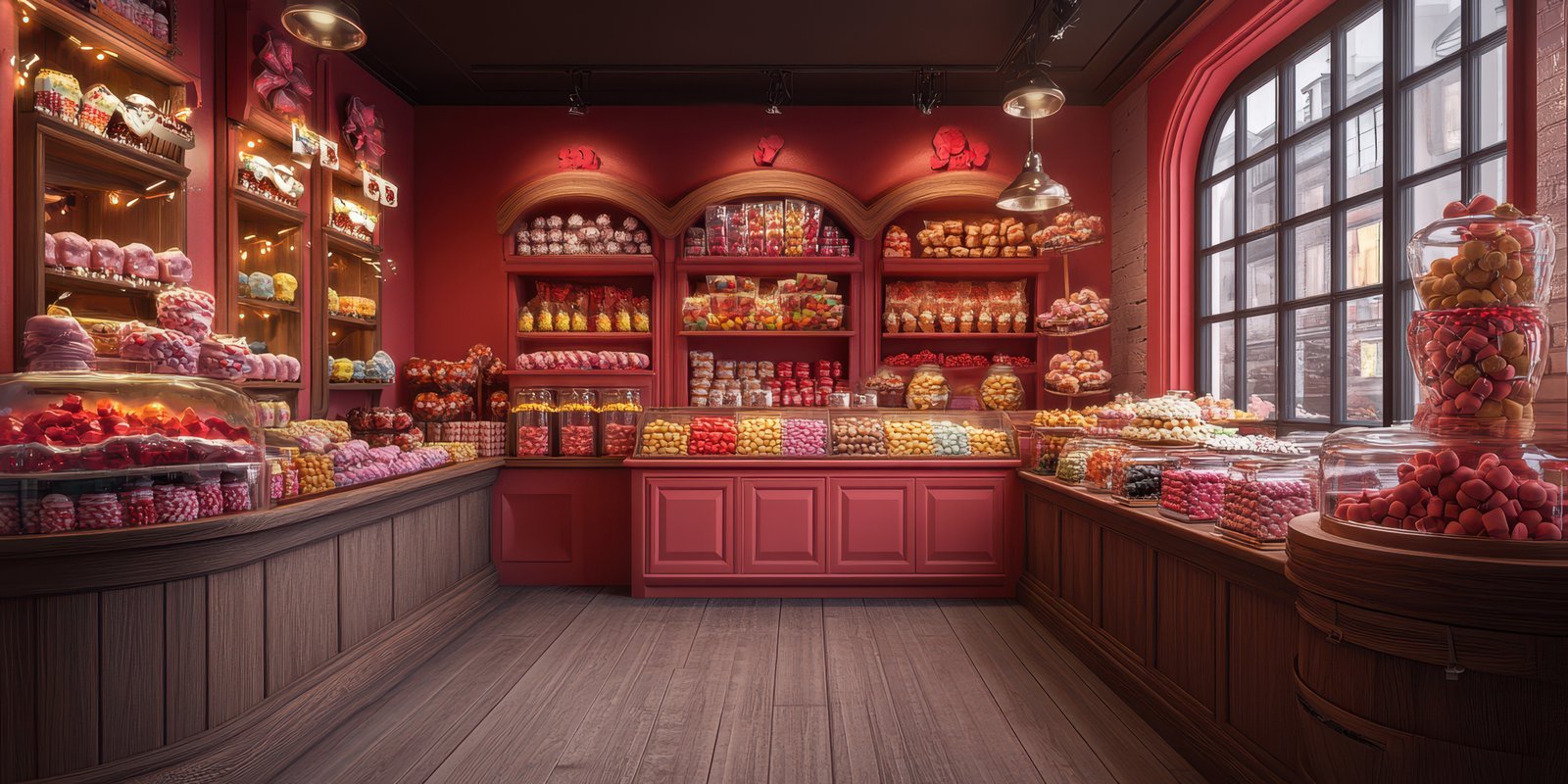 Colorful candy shop filled with sweets and treats in a vibrant setting
